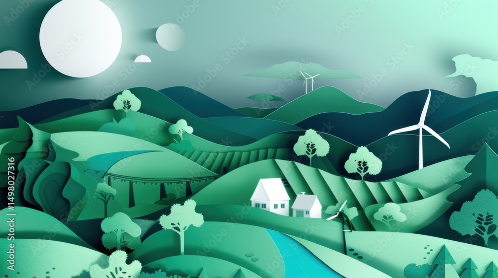 Naklejka premium Paper Art Depiction of a Green Landscape with Wind Turbines