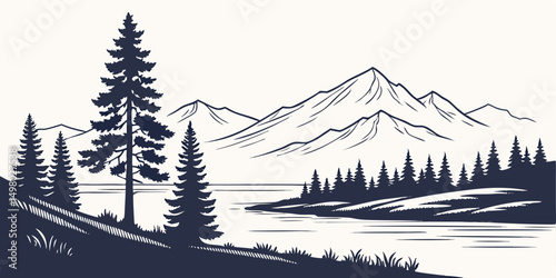 Black and White Line Art of Mountains and Lake Scene with Pine Tree Silhouettes