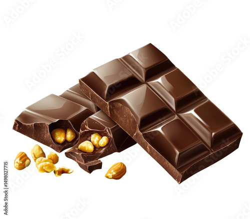 Two glossy dark chocolate bars, one broken revealing a crunchy nut filling, rest on a dark background, scattered nuts nearby