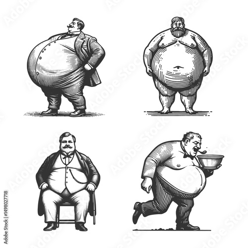 Overweight Men Set collection bundle sketch engraving generative ai vector illustration. Scratch board imitation. Black and white image.