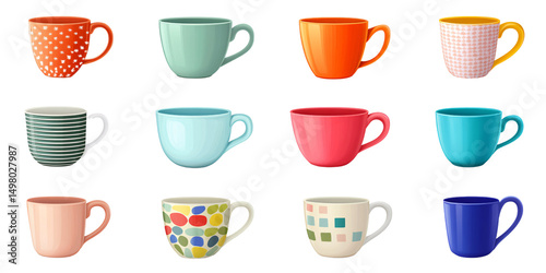 Colorful collection of ceramic coffee mugs with various patterns on a transparent background Concept of kitchenware, drinkware, and vibrant design elements for graphic design