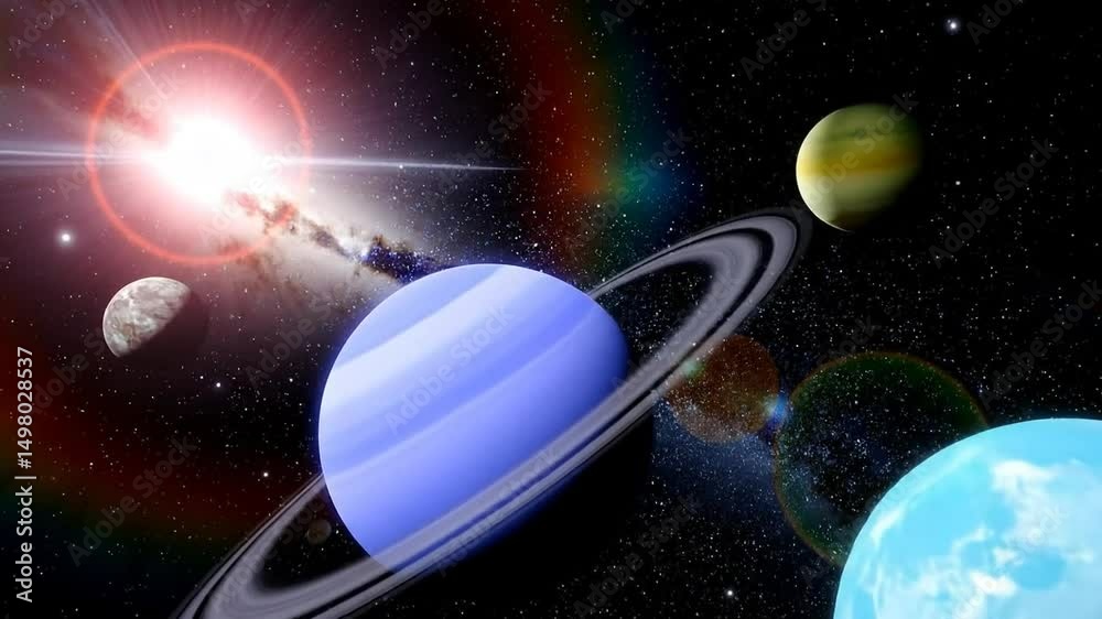Colorful Planets In Space With Rings And Sun