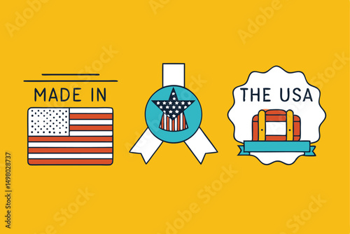 Illustrated usa themed design featuring patriotic seals and "made in the usa" text on yellow background