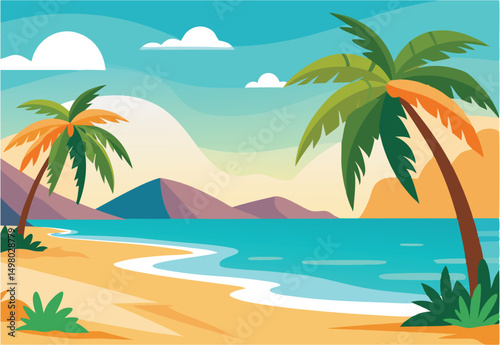 Tropical beach with palm tree summer vacation vector illustration.