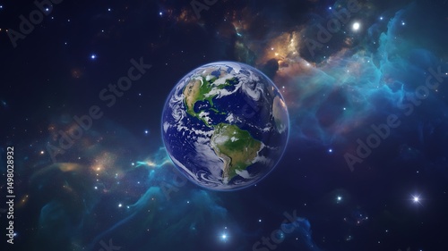 Planet Earth in Outer Space with Vibrant Galaxy Background and Glowing Stars
