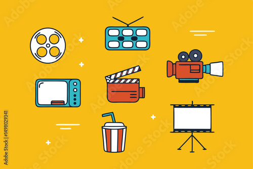Simple illustration featuring movie elements on a yellow background for entertainment projects