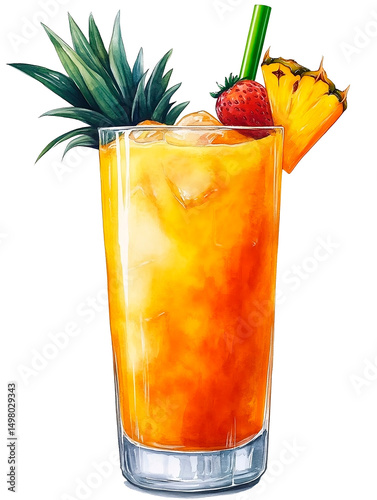Watercolor clipart illustration refreshing tropical pineapple-orange drink with ice. The cocktail glass is decorated with pineapple slices, strawberries and straw. Close-up on transparent background.