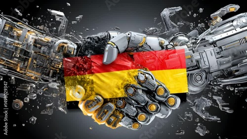 Robotic handshake explosion with German flag German robot handshake future, German robot handshake future, German robot handshake future unity Symbolic German tech unity breakdown