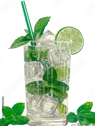Watercolor clipart vintage illustration of refreshing tropical mojito cocktail with mint, lime and ice with a straw, on a cut-out transparent background. perfect for a summer menu and vacation theme.