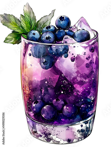 Art watercolor illustration painting bright blueberry refresh cocktail decorated with mint leaves and ice. On isolated transparent background. Perfect for summer drinks,menu and vacation concepts.
