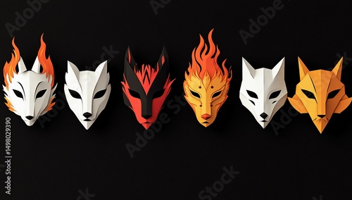 Kitsune Masks with Black Background.