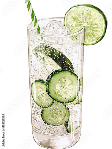 Watercolor clipart illustration of refreshing tropical cocktail with cucumber, lime and ice with a straw, on a cut-out transparent background. perfect for a summer menu and vacation theme.
