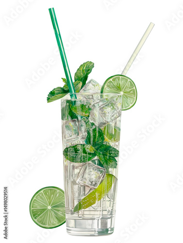 Watercolor clipart illustration of refreshing tropical mojito cocktail with mint, lime and ice with a straw, on a cut-out transparent background. perfect for a summer menu and vacation theme.