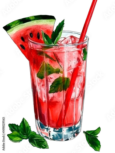 Watercolor clipart illustration of refreshing watermelon cocktail with mint and ice. The drink is decorated with slice of ripe watermelon and a straw. Close-up on isolate transparent background.