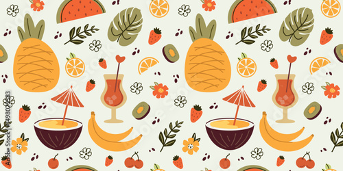 summer vibe. seamless pattern of cute design. Hand, abstract simple, summer  flowers, watermelon, lemon, strawberry, coconut, banana, monstera, pineapple. Naive pink art,  vector illustration