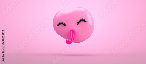 Pink heart emoticon with tongue out on pink background