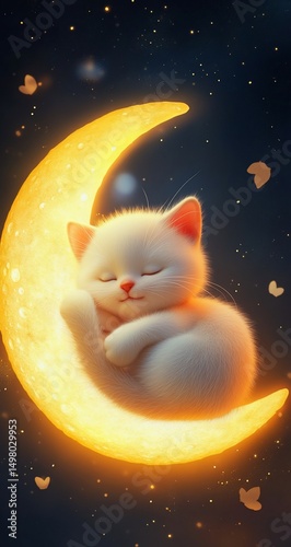 Kitten sleeping on crescent moon.