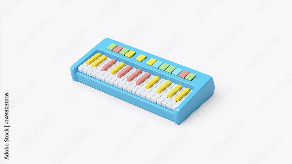 Isolated 3D render of musical toy keyboard with colorful keys angled slightly on seamless white background Isolated 3D render of musical toy keyboard with colorful keys angled slightly on seamless white background