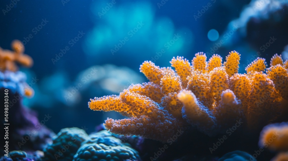 Naklejka premium Close-up macro texture of vibrant coral reef showing intricate patterns and structures in a tropical marine ecosystem, underwater abstract background highlighting biodiversity in ocean habitat 
