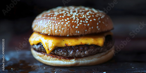 Juicy cheeseburger with melted cheddar and sesame seed bun on a dark rustic background. Close-up