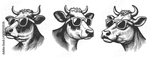 Cool cow wearing sunglasses Set collection bundle sketch engraving generative ai vector illustration. Scratch board imitation. Black and white image.