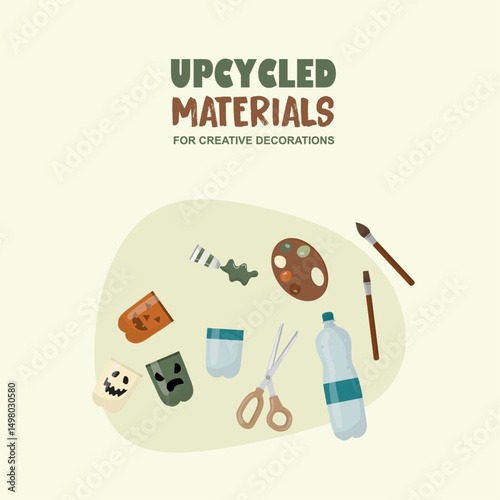 Upcycled Materials for DIY Home Decorations. Crafting with upcycled plastic bottles. Eco-friendly halloween decorations concept. Educational sustainability workshops. Flat style. Vector illustration