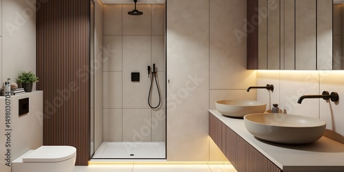 Modern Scandinavian Bathing Interior: Tactile Design featuring Innovative Storage Solutions Creating a Invigorating Environment with Geometric Features photo
