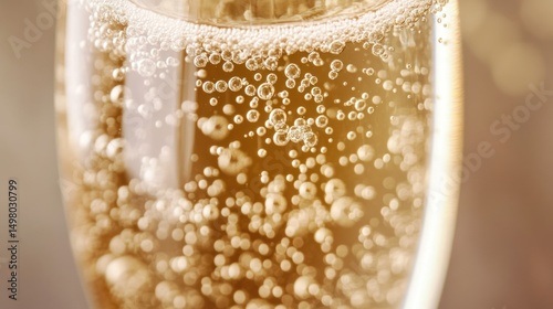 Close-up of champagne in a glass with bubbles, celebratory and elegant.