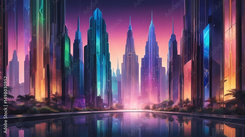 Naklejka premium A colorful cityscape featuring towering buildings reflected in water under a vibrant gradient sky, creating a futuristic and artistic urban scene - A Digital Art Wallpaper