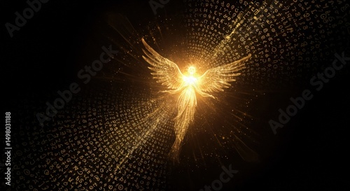Glowing golden angel with wings in a digital stream of ancient symbols in a dark room. Spiritual ethereal being and esoteric concept.