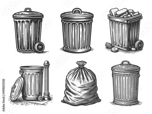 garbage bags and metal trash cans Set collection bundle sketch engraving generative ai vector illustration. Scratch board imitation. Black and white image.