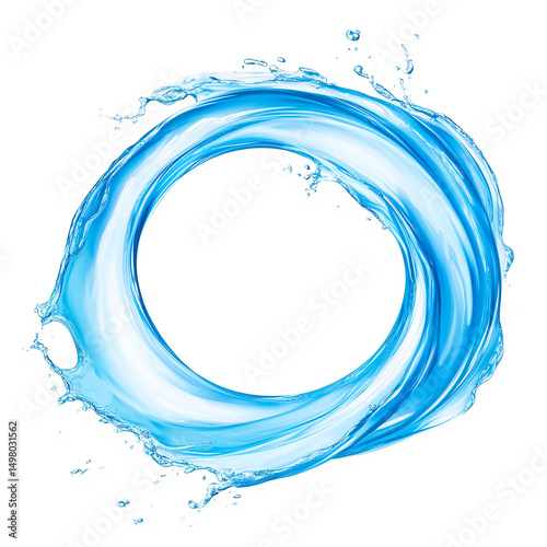 Blue water swirl in circular shape with dynamic motion and splash effect on white background.
