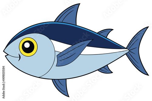 Cartoon Tuna Fish with Blue Back and Yellow Eye Swimming Rightwards