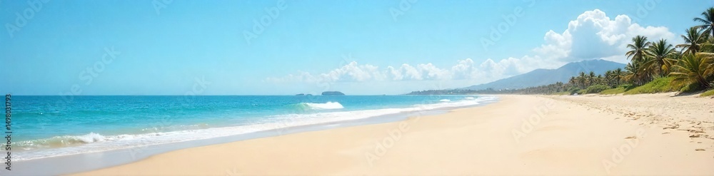 Obraz premium Vast, empty beach stretches to the horizon under a clear sky Fine sand, gentle waves lap the shore, untouched and serene Perfect for relaxation and contemplation A tranquil escape , pure, deserted