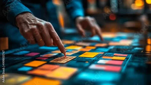Creative process with person pointing at colored tiles, planning and decision making