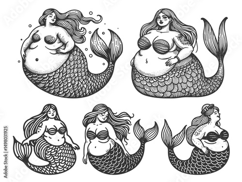 Plus-Size Mermaids Set collection bundle sketch engraving generative ai vector illustration. Scratch board imitation. Black and white image.