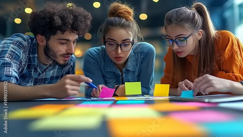 Creative team brainstorm ideas using sticky notes for agile project management session