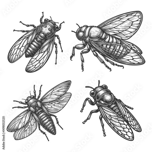 Cicada Insects Set collection bundle sketch engraving generative ai vector illustration. Scratch board imitation. Black and white image.