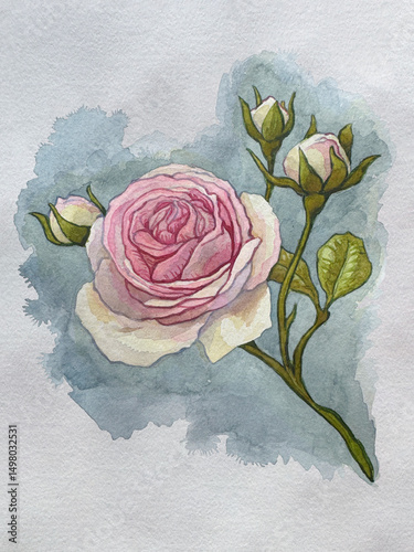 Fototapeta Naklejka Na Ścianę i Meble -  Rose vintage postcard watercolor bloom handmade. With love! valentine's day