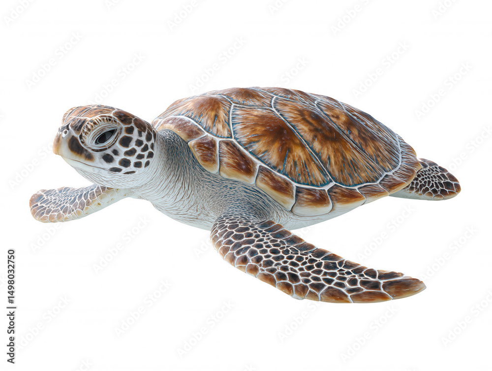 Obraz premium A young sea turtle swims peacefully with its brown patterned and textured skin, isolated against a clean white background in a close up studio shot.