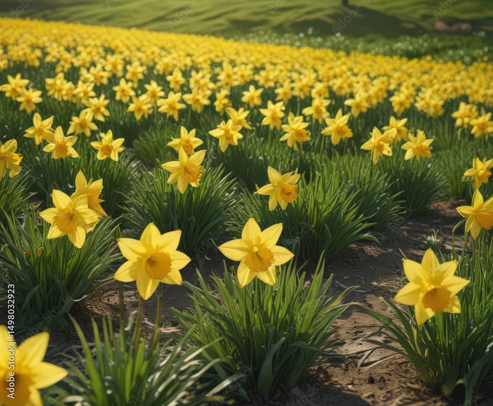 Fototapeta premium Sunlit daffodil field, vibrant yellow blooms, lush green grass, picture, field