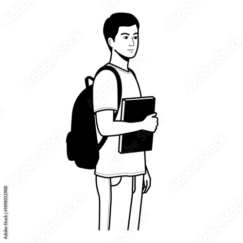 Student holding a book monochrome clip art illustration