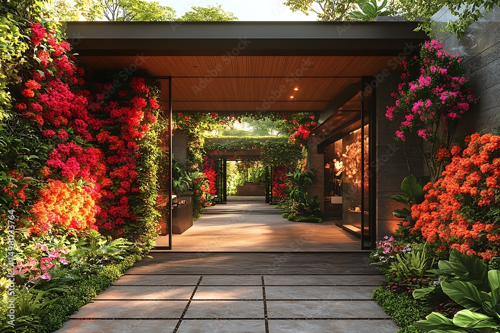 Fototapeta premium Flower covered pathway with tropical plants high resolution picture