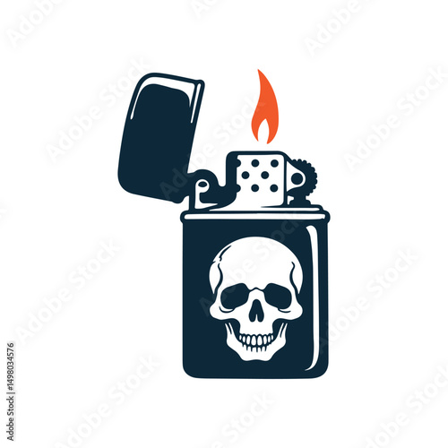 Vintage Skull Designed Lighter with Flaming Torch, tattoo style, Vector Illustration