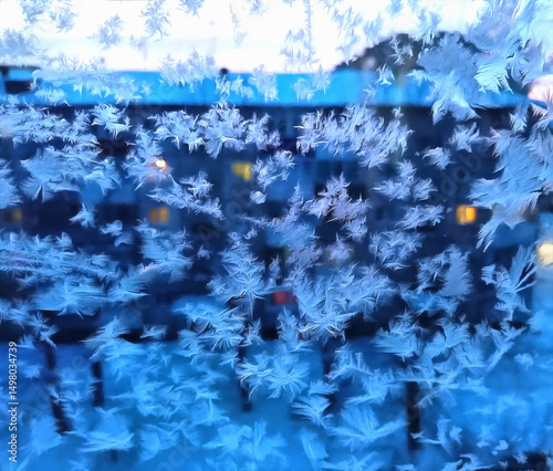 Winter watercolor landscape. Frosty natural pattern on winter window glass. Digital watercolor. Frost on the glass. Ice flowers.