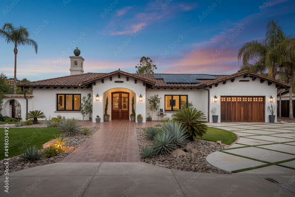 Luxurious Mediterranean-style single-story home with terracotta roof, stucco walls, solar panels, and vibrant landscaping
Luxurious Mediterranean-style single-story home with terracotta roof, stucco walls, solar panels, and vibrant landscaping