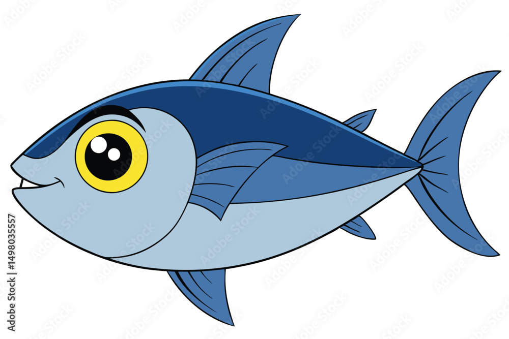 Fototapeta premium Cartoon Blue Fish Illustration Smiling Fish with Big Yellow Eye and Fins