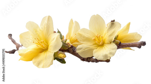 Elegant Forsythia blossoms on a branch detail PNG transparent background