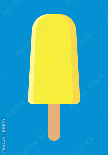 Yellow popsicle on blue background, flat style. Yummy ice cream fruit popsicle, summer time concept. Lemon Ice cream icon, frozen dessert refreshing at hot days. Vector illustration EPS 10 