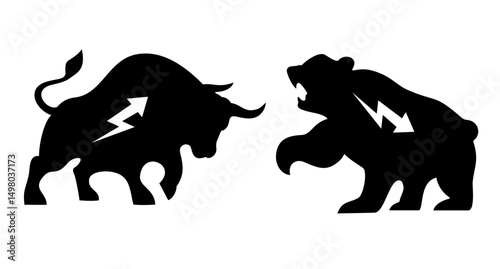 Stock market Bull and Bear with uptrend and downtrend symbol on it, bull vs bear fight silhouette